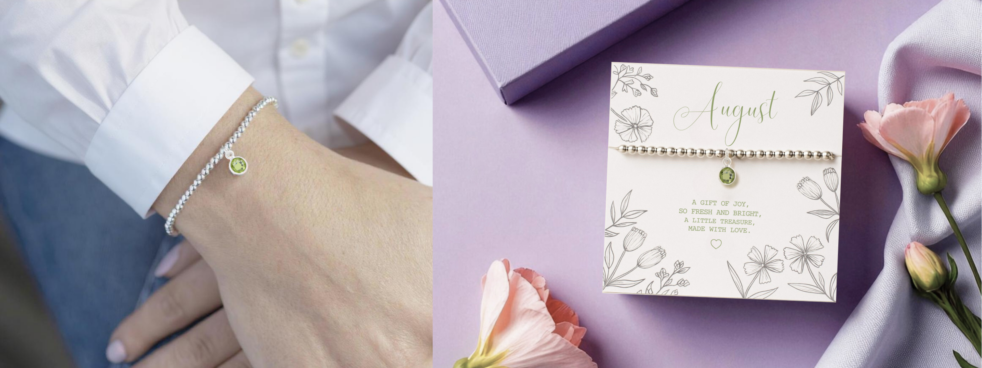august birthstone jewellery gifts for her, laid out in made here with love's purple flatlay and styled on the wrist