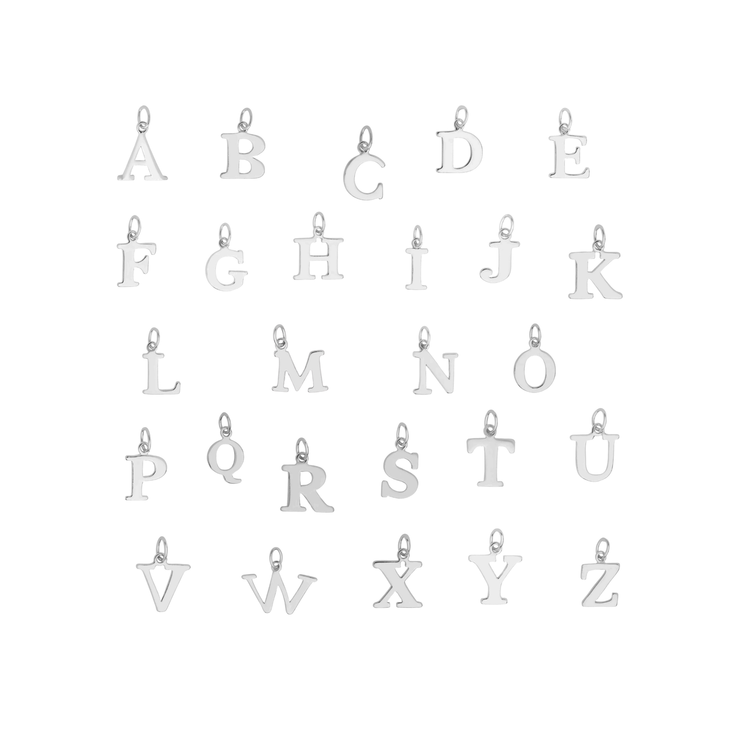 Initial letter charm chart for personalised jewellery, alphabet pendant options by Made Here With Love
