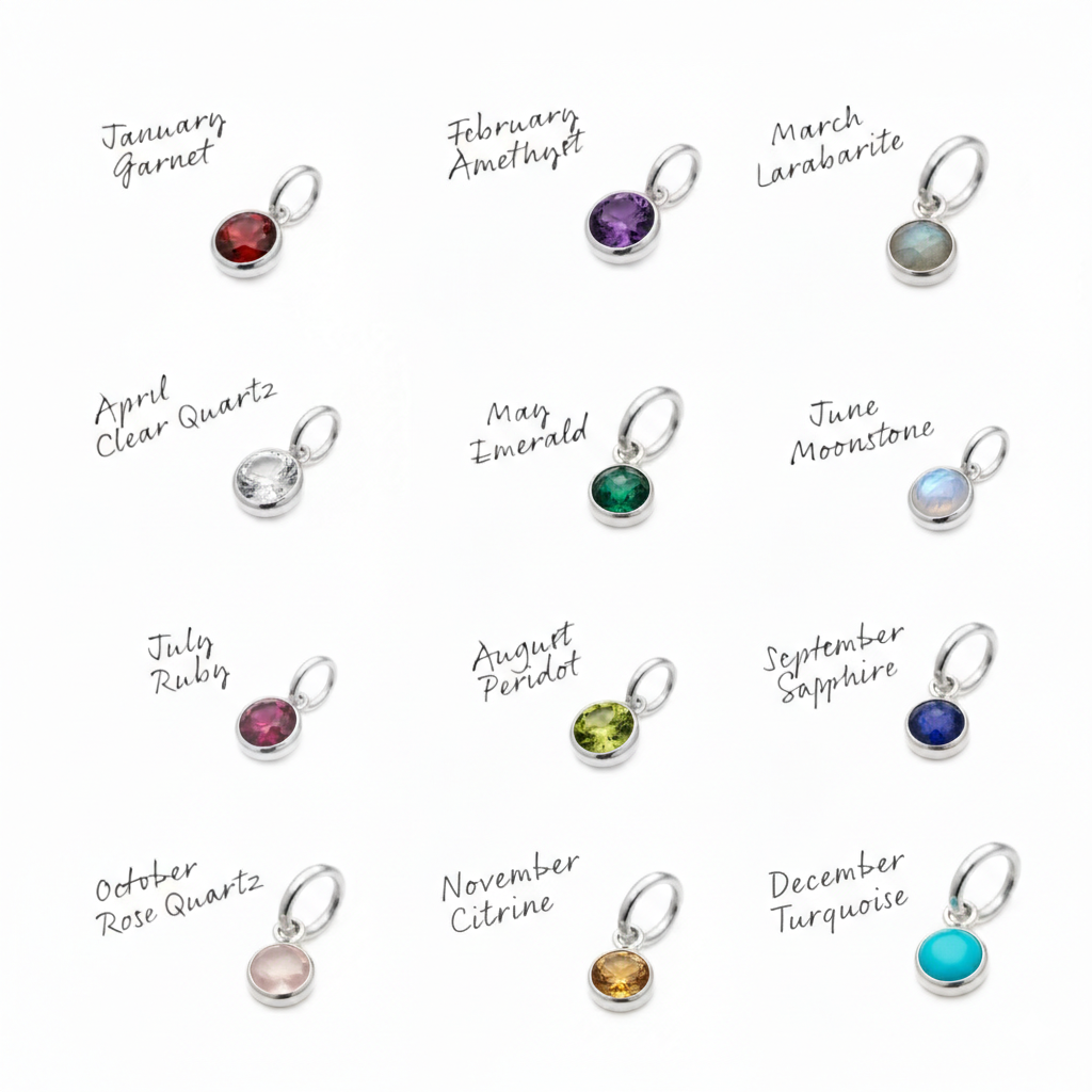 Made Here With Love birthstone chart showing monthly gemstones and colours for personalised jewellery