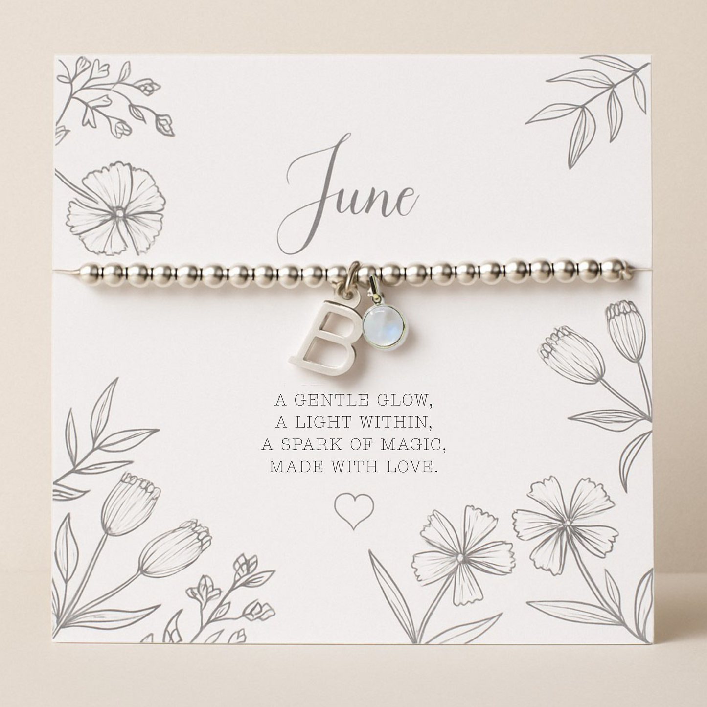 Personalised June Birthstone, Initial Letter & Moonstone Charm Bracelet