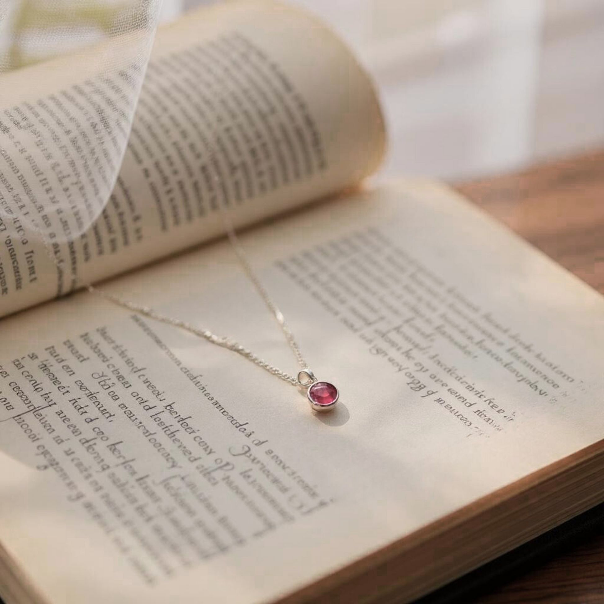 Open book with sterling silver ruby necklace, July birthstone necklace by made here with love.