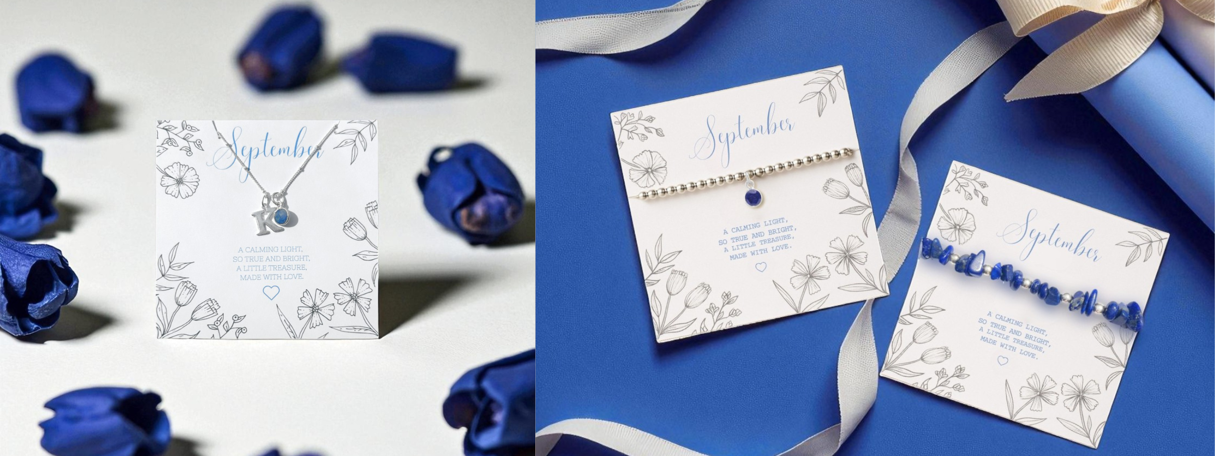 a selection of september birthstone jewellery gifts, crystal stretch bead bracelets in lapis lazuli, sterling silver bead bracelets with sapphire charm - the september birthstone, and personalised initial and birthstone necklaces - all featured on a september birthstone personalised gift card