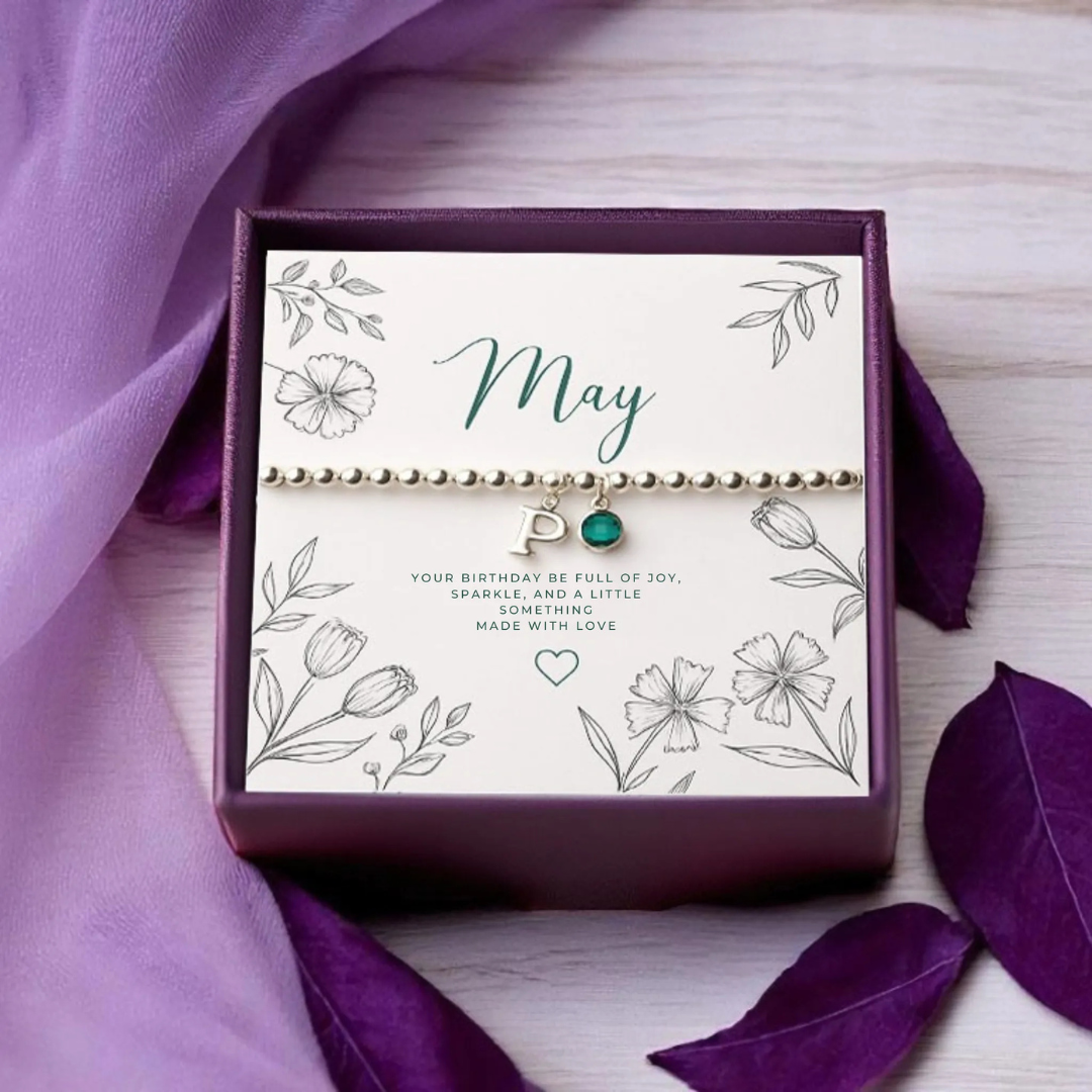 Personalised May Birthday Initial Letter & Birthstone Bracelet