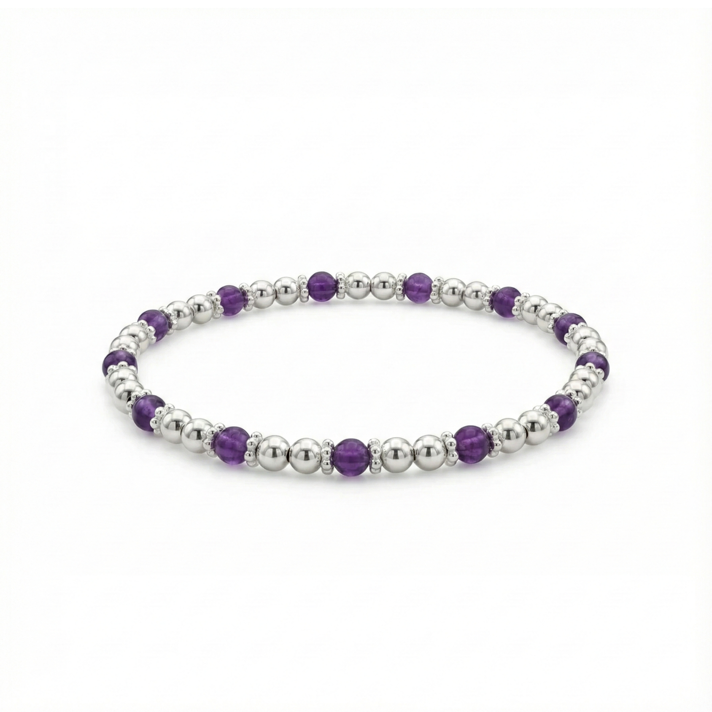 Amethyst and sterling silver bead bracelet with faceted purple gemstones on a stretch design.