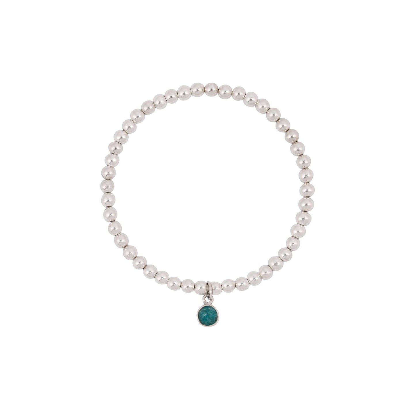 Emerald charm bracelet made with sterling silver beads – a handcrafted stretch fit gemstone bracelet for everyday wear.