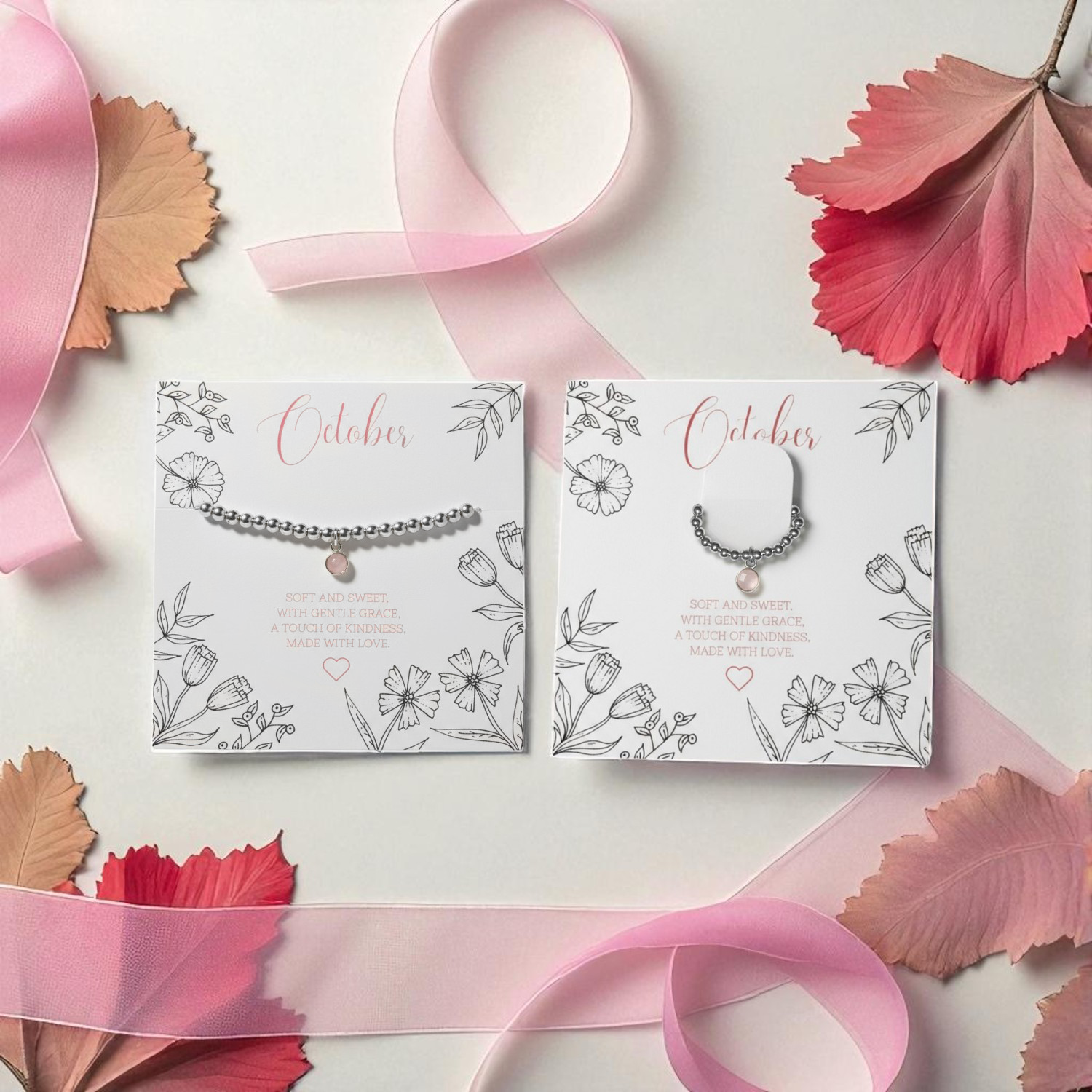 Rose Quartz Jewellery Set on October birthstone message cards with bracelet and ring displayed together