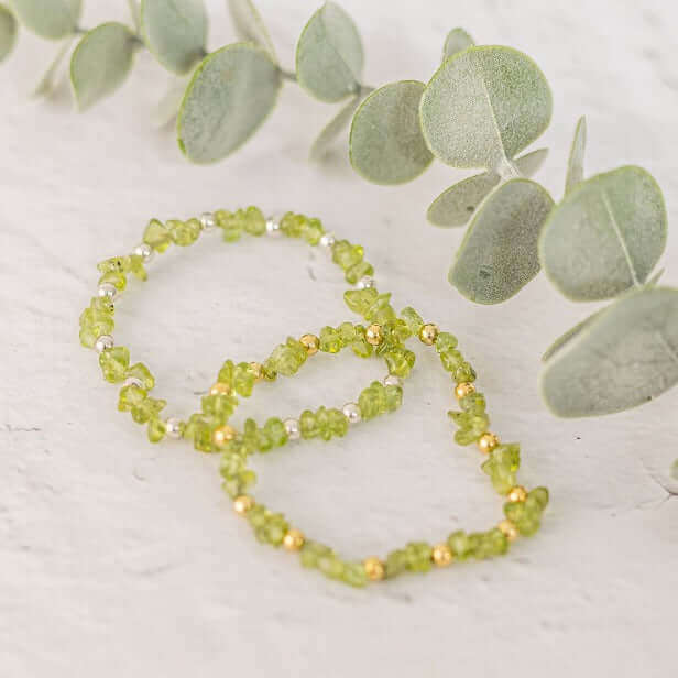 Stack of two peridot gemstone chip bracelets for August birthdays