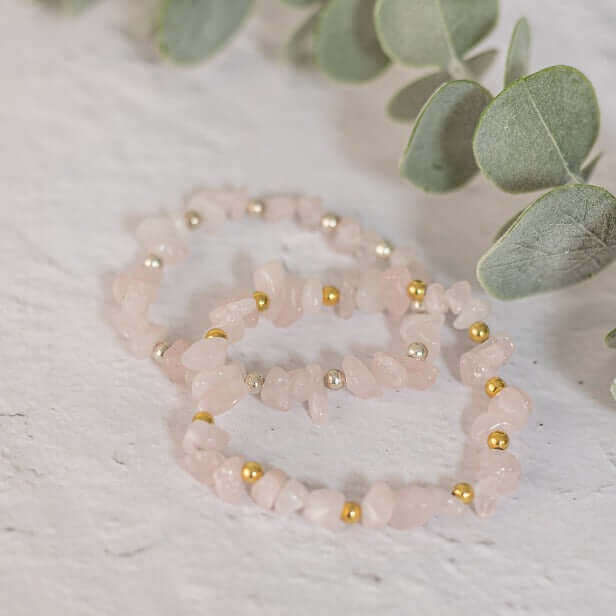 Rose Quartz Bracelets in sterling silver and gold vermeil bead designs, perfect for stacking and gifting