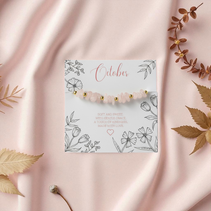 Rose Quartz October Birthstone Bracelet displayed on illustrated message card, meaningful jewellery gift