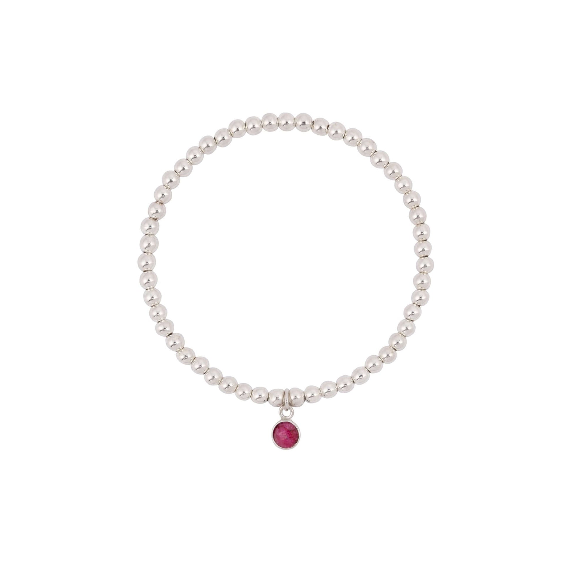 Silver stretch bead bracelet with july ruby charm - Made Here with Love