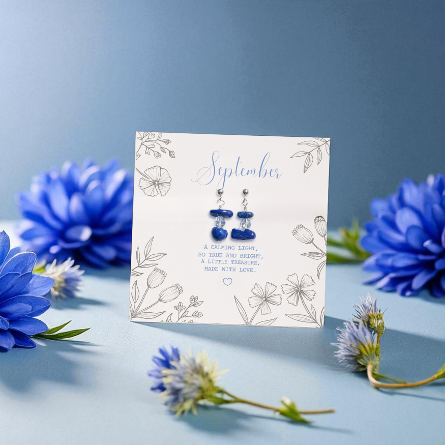 a pair of dark blue lapis lazuli bead earrings, gemstone earrings perfect for september birthstone gifting, on a september gift card for birthday gifts