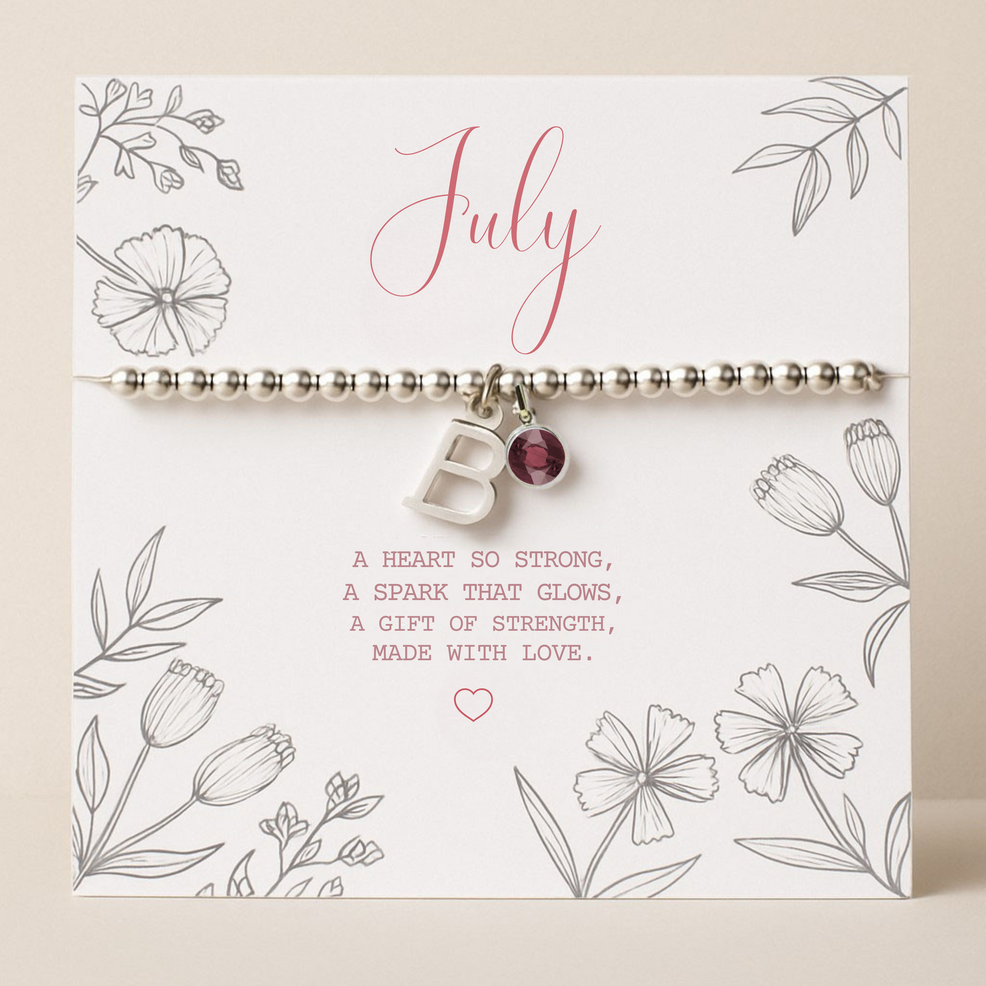 letter B bracelet with a july birthstone charm and sterling silver stretch beads, a wonderful july birthday gift or a personalised bracelet for new mums