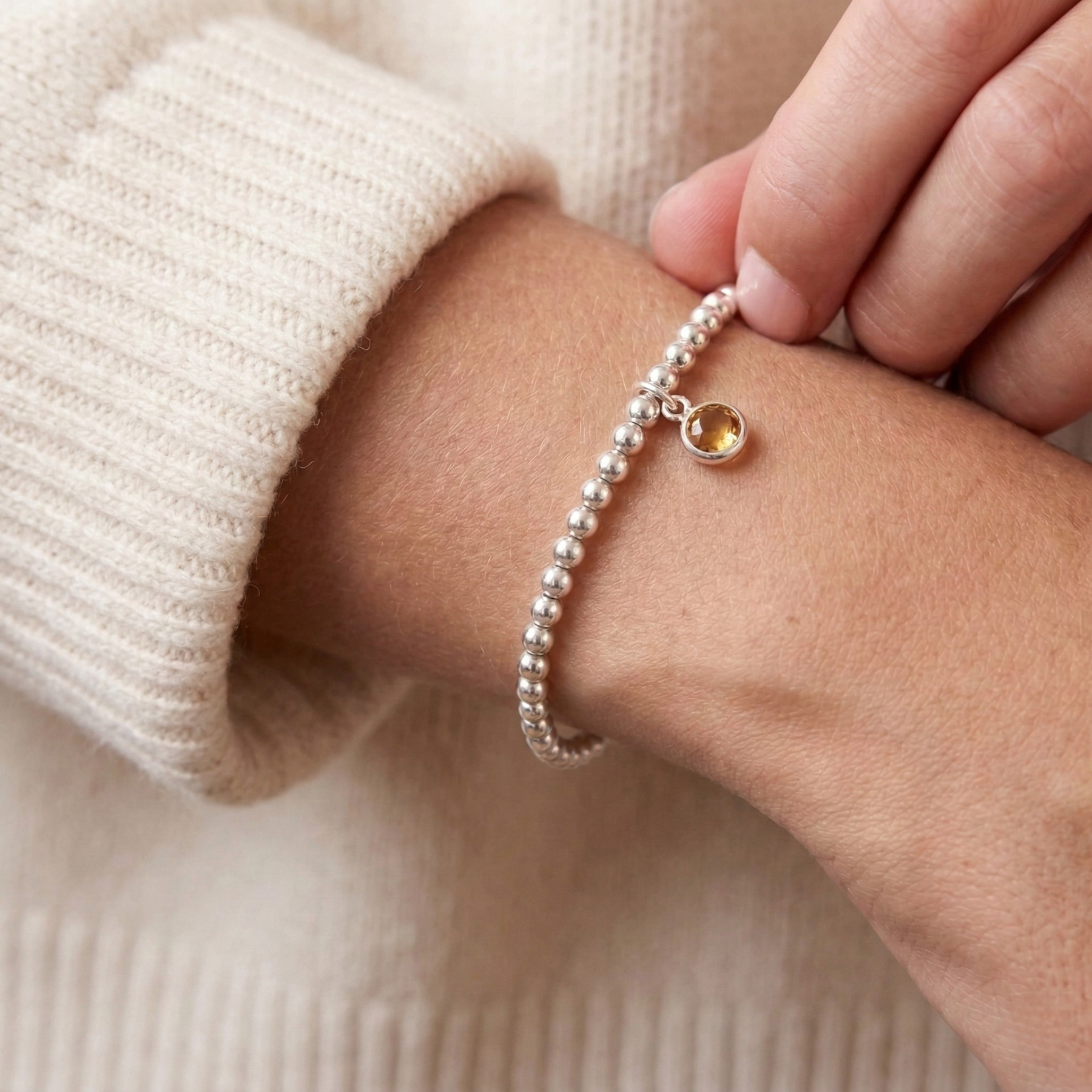 Citrine birthstone beaded bracelet in sterling silver, November birthday gift UK