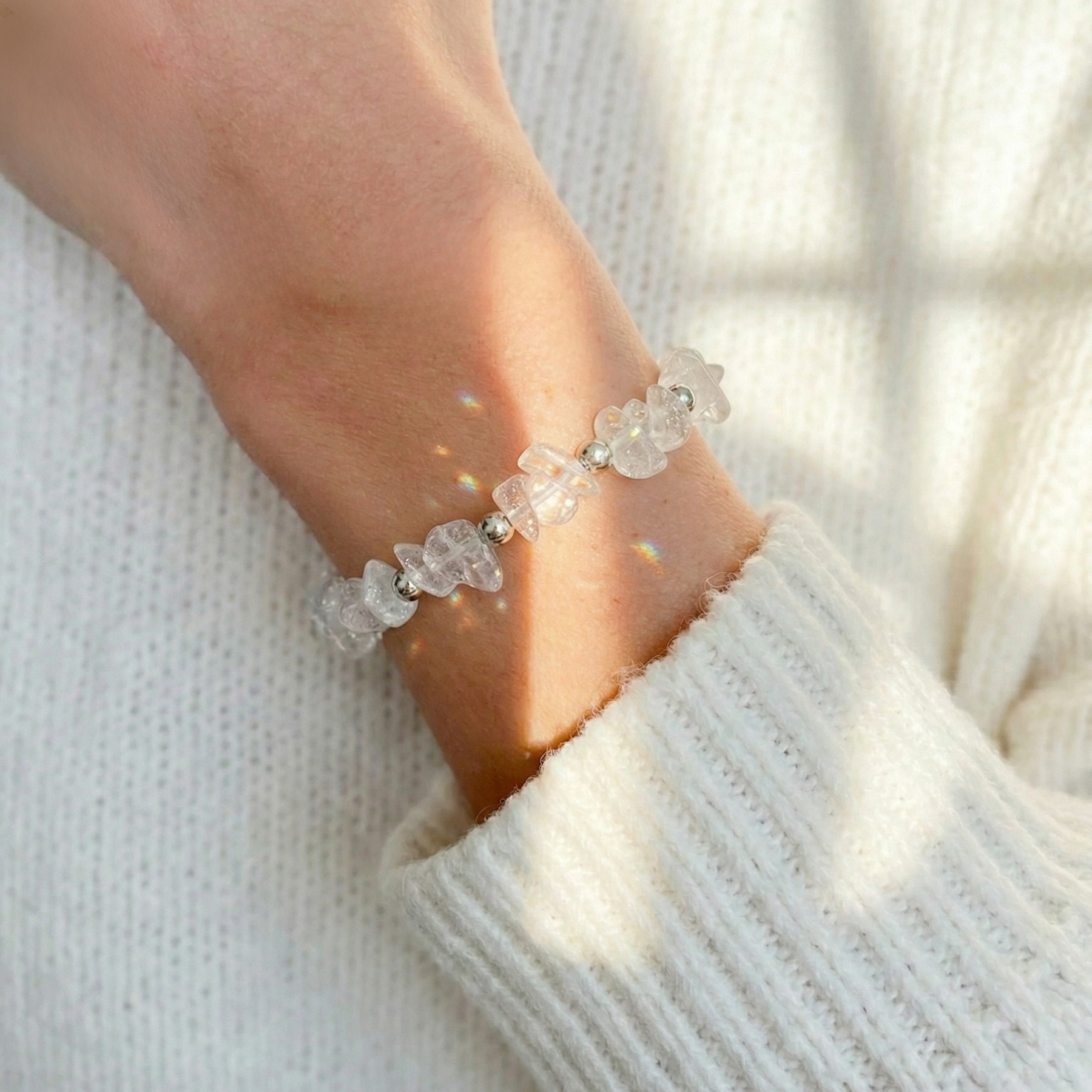 Clear quartz beaded bracelet with sterling silver beads, April birthstone jewellery UK
