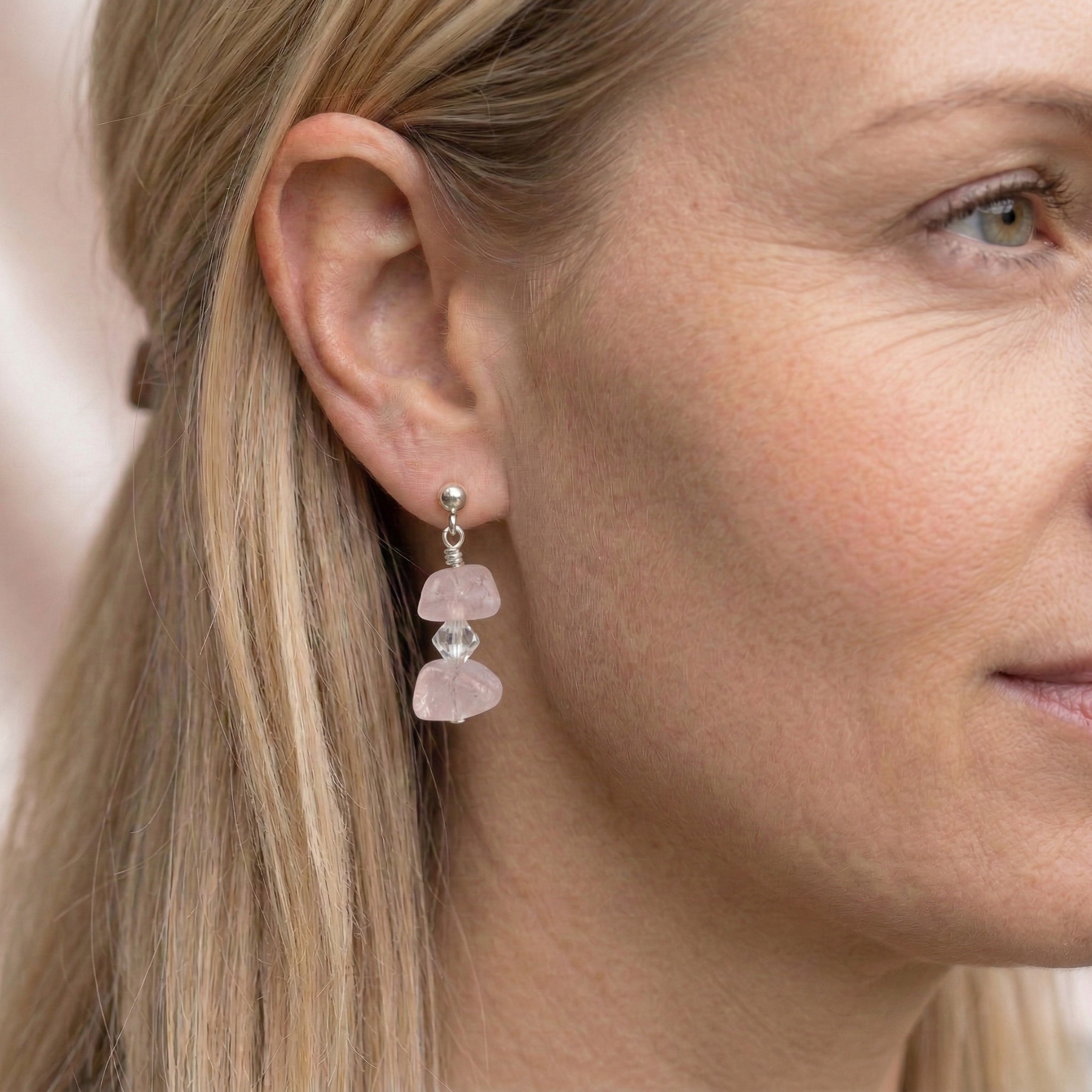  Rose quartz drop earrings in sterling silver, October birthstone jewellery gift