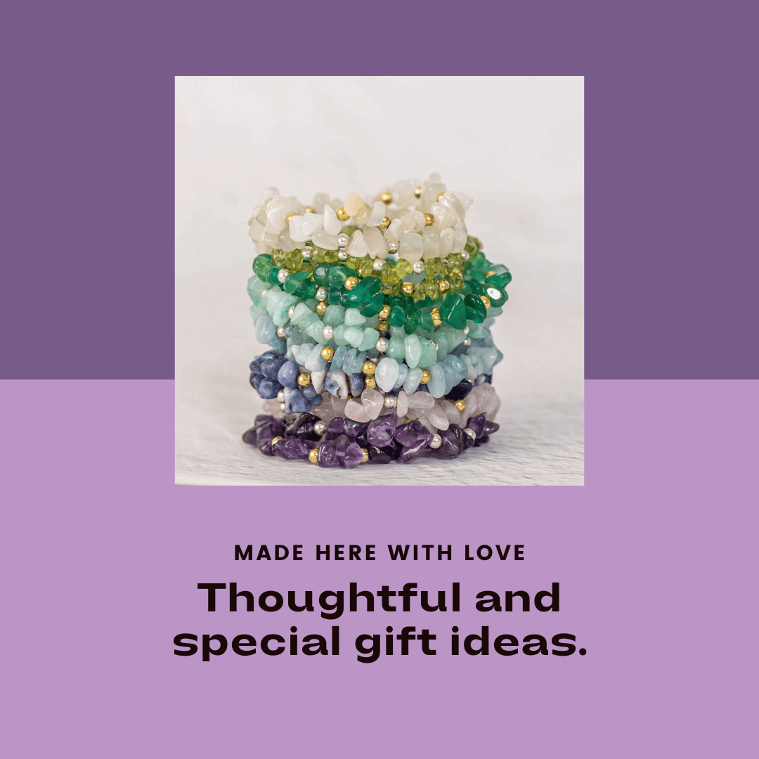 A stack of beaded bracelets in various colors, including white, green, blue, and purple, arranged against a white background. The image features the text "MADE HERE WITH LOVE" and "Thoughtful and special birthday jewellery gifts." on a purple background