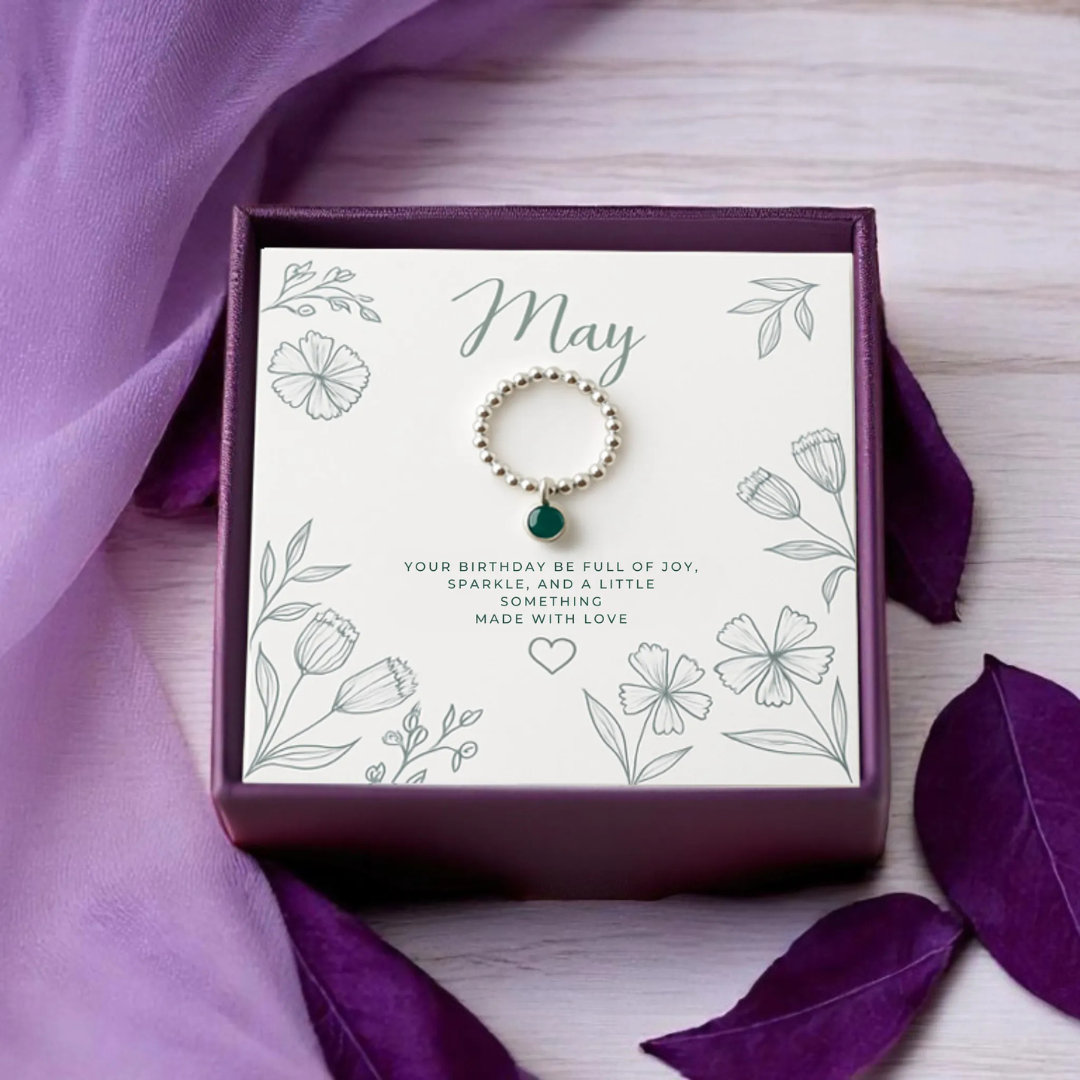 Emerald May Birthstone Ring – Sterling Silver Beaded Charm Ring