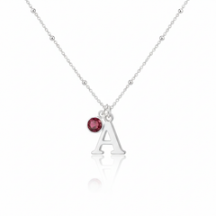 Personalised initial and birthstone necklace gift in sterling silver, meaningful birthday jewellery for her