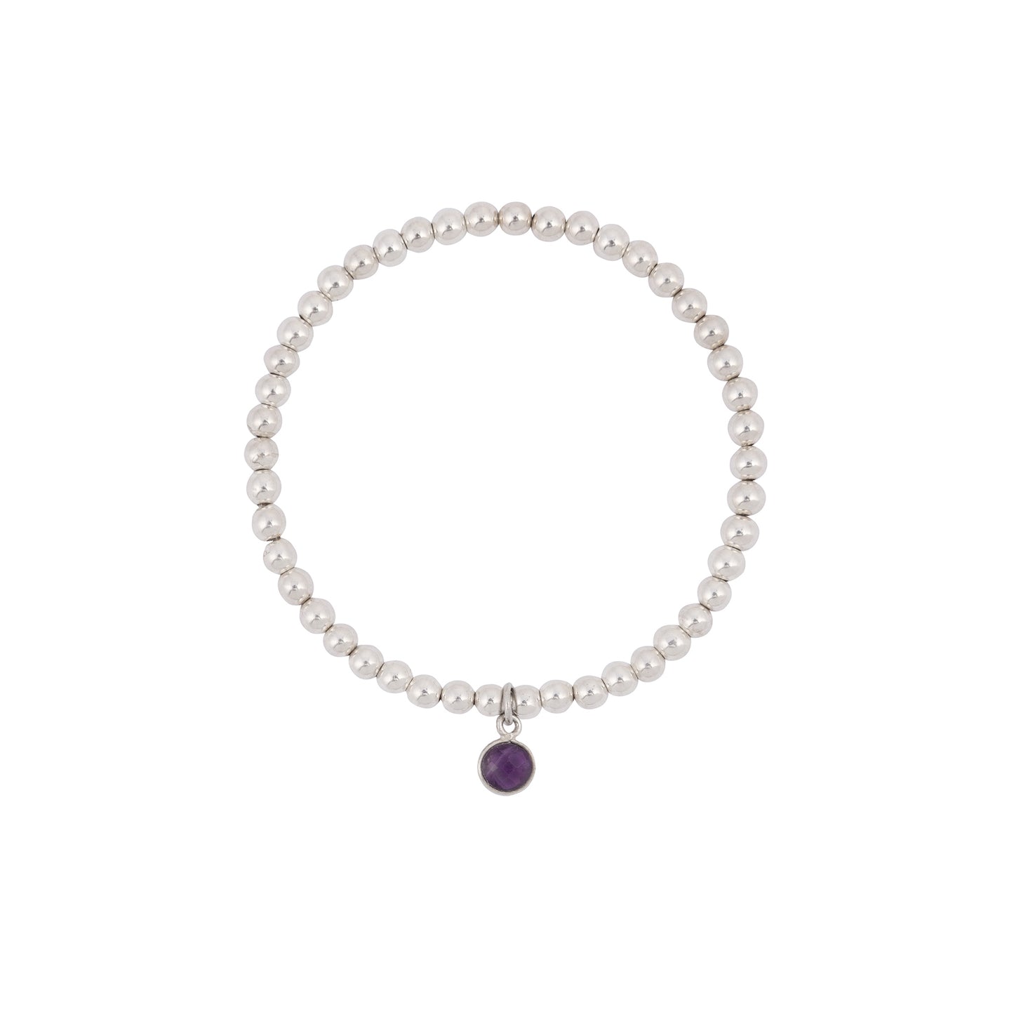 A delicate Amethyst Birthstone Bracelet from Made Here with Love features sterling silver beads with a round, purple gemstone charm hanging from it. The uniformly sized beads create a simple and elegant circle, while the February birthstone adds a vibrant pop of color to its minimalist design.