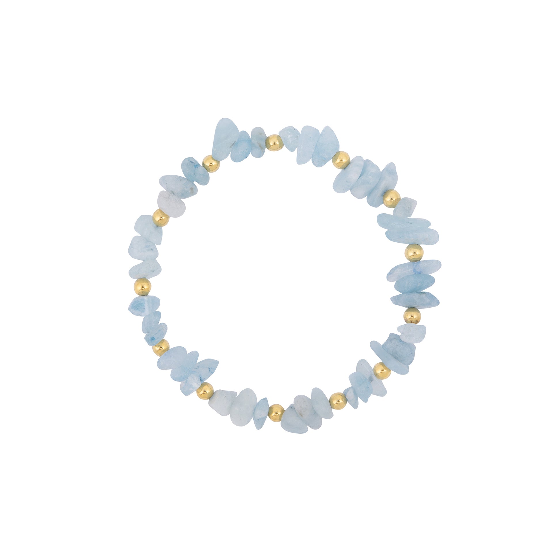 A handcrafted *Aquamarine Stone Bracelet* by *Made Here with Love*, featuring light blue, irregularly shaped stones, interspersed with small, round gold beads. The bracelet is arranged in a circular shape, showcasing a mix of natural and polished textures—perfect as a March birthday gift.