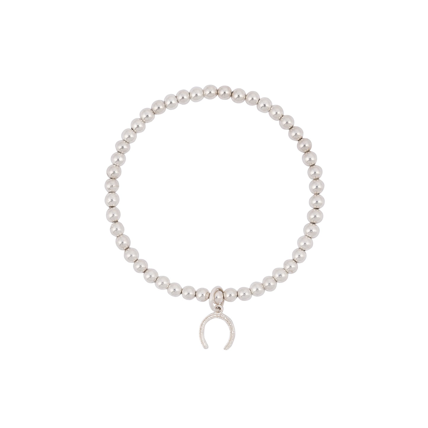 A silver beaded bracelet with evenly spaced spherical beads, featuring a small crescent moon-shaped charm hanging from it. The charm is attached to a round bead, adding a simple yet elegant detail to the design. This handmade Horse Bracelet by Made Here with Love is displayed on a white background.