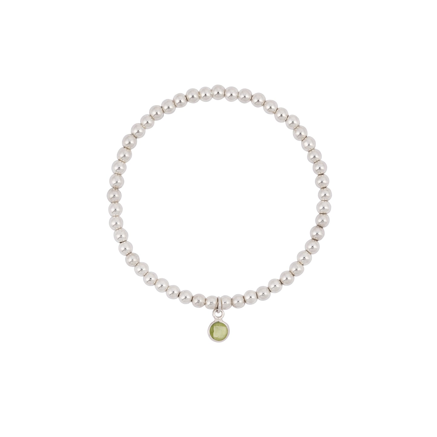 A round, sterling silver beaded Peridot Birthstone Bracelet from Made Here with Love featuring a single dangling green gemstone charm. The bracelet is simple and elegant, with evenly spaced silver beads and the green charm adding a touch of color and interest. Ideal as a peridot birthstone bracelet or for celebrating a 16th wedding anniversary.