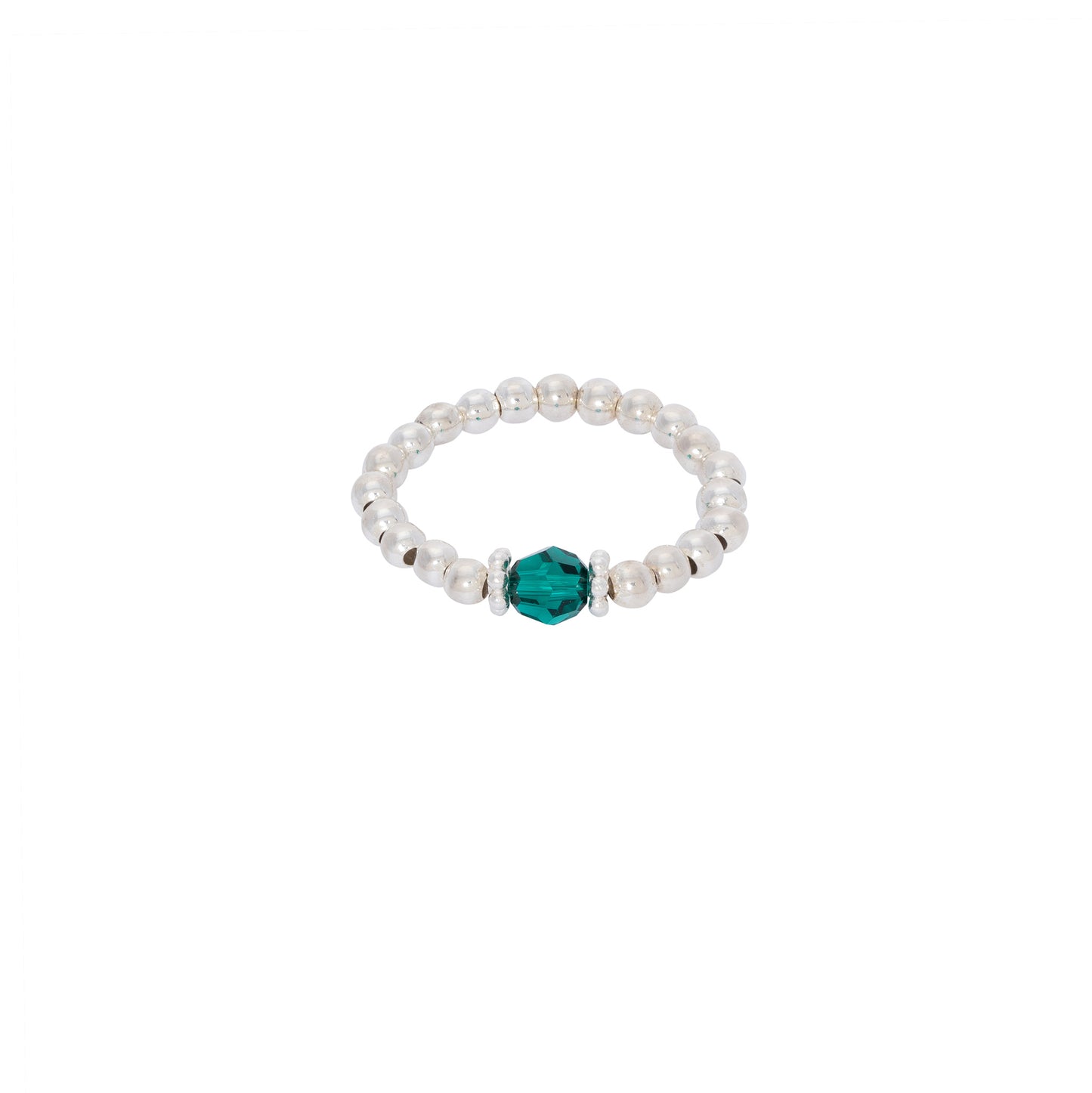 A beaded ring featuring small, round, pearly beads and a larger emerald green faceted bead at the center. The sterling silver design is simple and elegant, with a minimalist aesthetic. This Emerald Birthstone Ring by Made Here with Love is displayed against a plain white background.