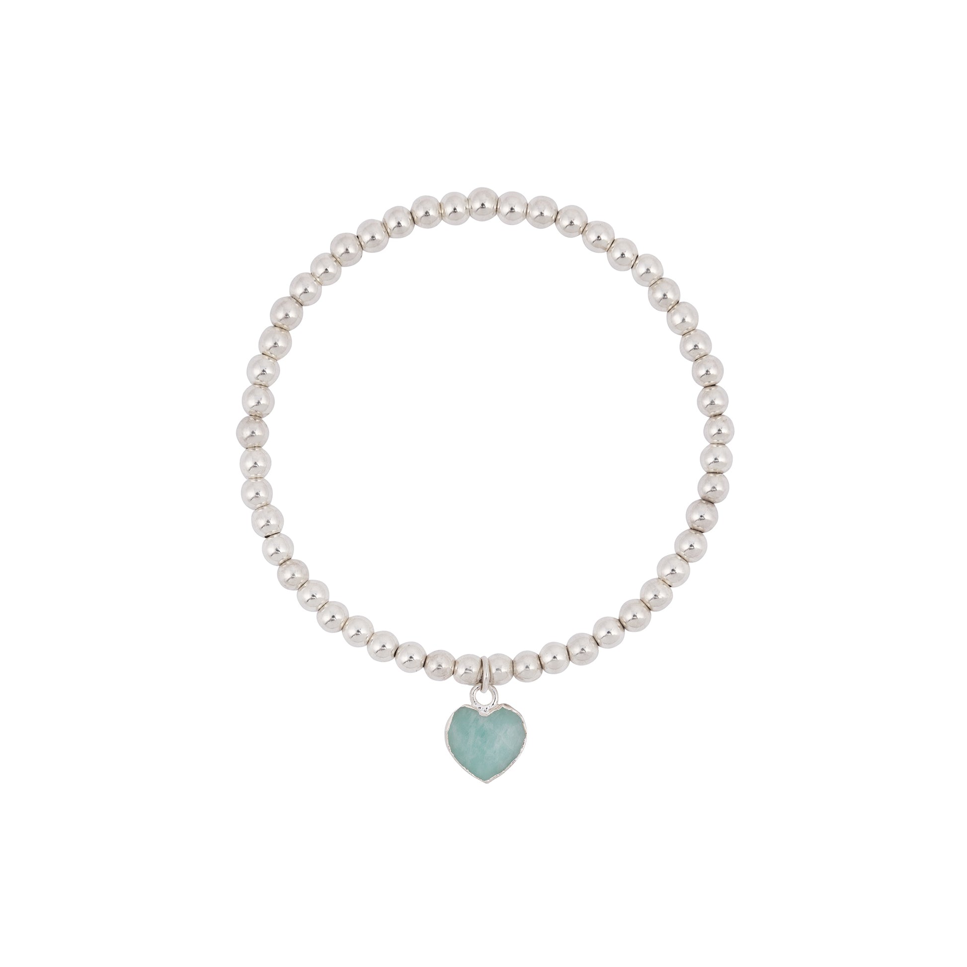A Heart Charm Bracelet by Made Here with Love featuring a single heart-shaped Amazonite charm. The uniform beads form a continuous loop, with the charm elegantly centered at the bottom. The bracelet is beautifully displayed against a white background.