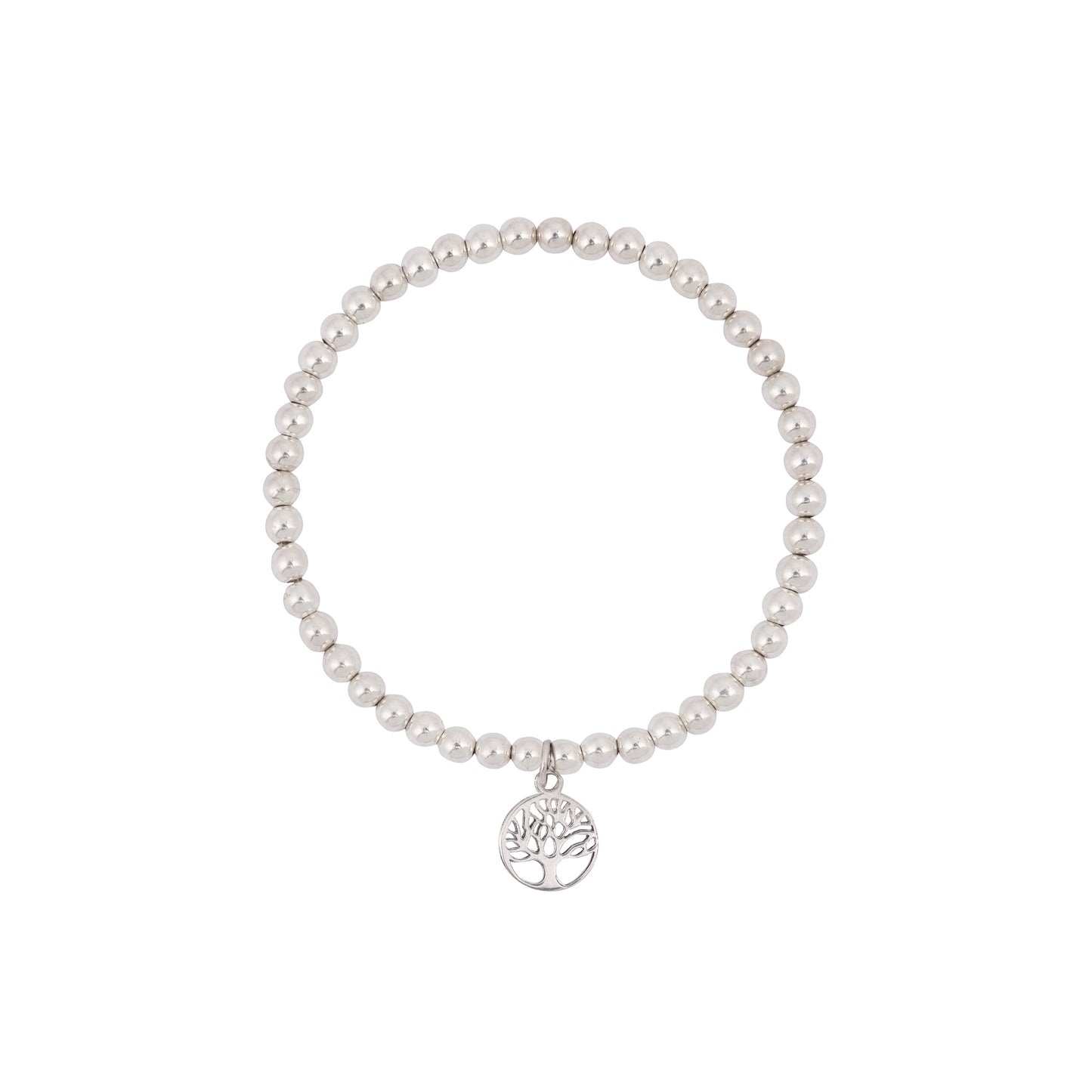 A sterling silver bracelet featuring evenly spaced round beads. A small pendant with a tree of life design hangs from the bracelet, centered among the beads. Ideal for those who appreciate the Tree of Life Silver Bracelet by Made Here with Love, it is set against a plain white background.