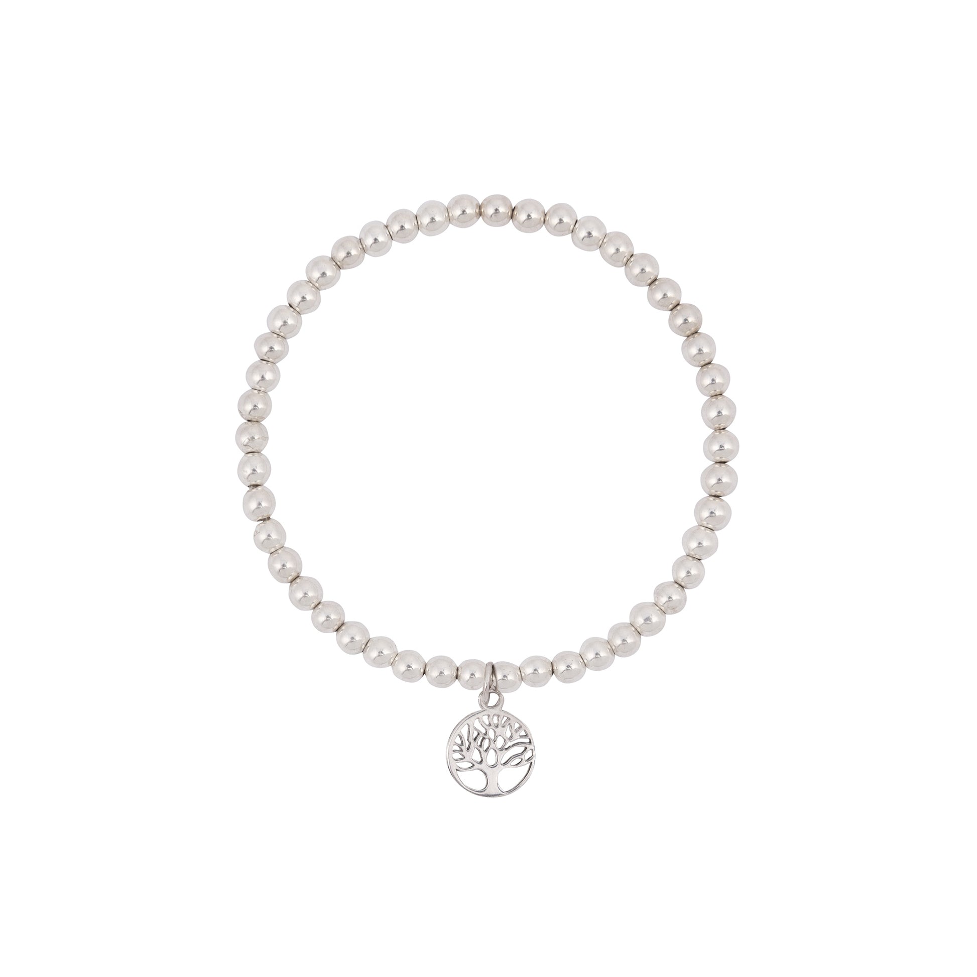 A sterling silver bracelet featuring evenly spaced round beads. A small pendant with a tree of life design hangs from the bracelet, centered among the beads. Ideal for those who appreciate the Tree of Life Silver Bracelet by Made Here with Love, it is set against a plain white background.