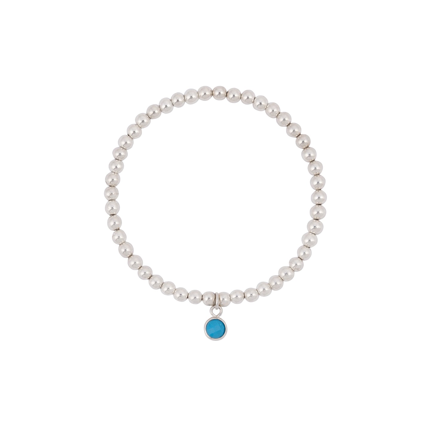 A delicate sterling silver bead bracelet featuring a central turquoise birthstone charm. The bracelet consists of evenly spaced, shiny silver beads and is simple yet elegant, highlighting the small turquoise pendant as its focal point. Perfect for December birthstone bracelets, the Turquoise December Birthstone Bracelet by Made Here with Love.