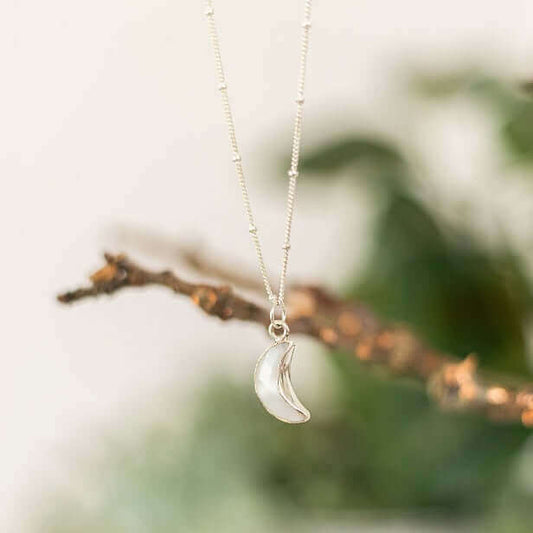 The Made Here with Love Moon Agate Charm Necklace, featuring a delicate crescent moon pendant with White Moon Agate, is beautifully suspended from a thin branch against a blurred green foliage background. The simple and elegant design of both the pendant and chain makes it an ideal addition to any gift box.