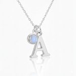 Personalised moonstone and initial necklace in sterling silver, June birthstone jewellery gift for her
