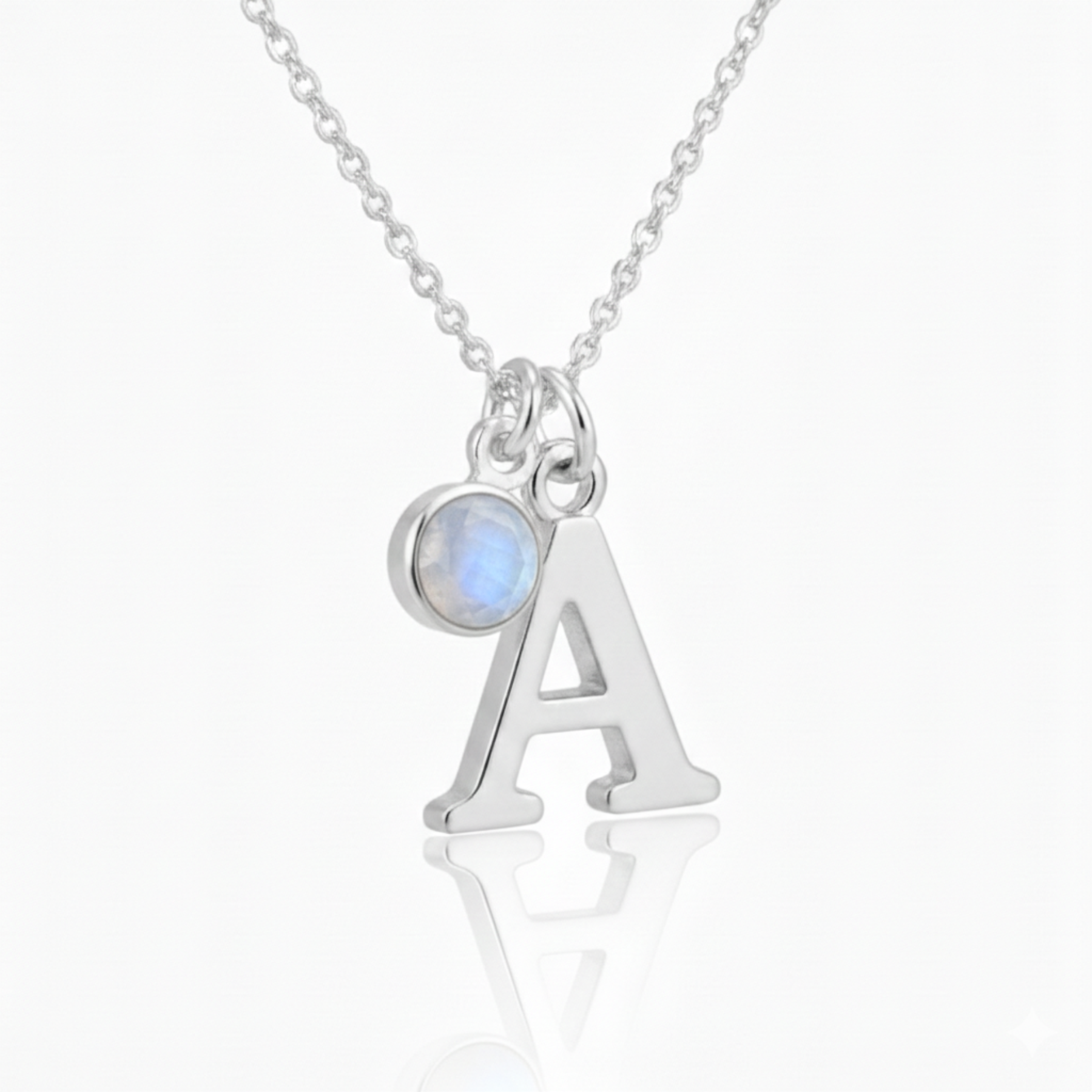 Personalised moonstone and initial necklace in sterling silver, June birthstone jewellery gift for her