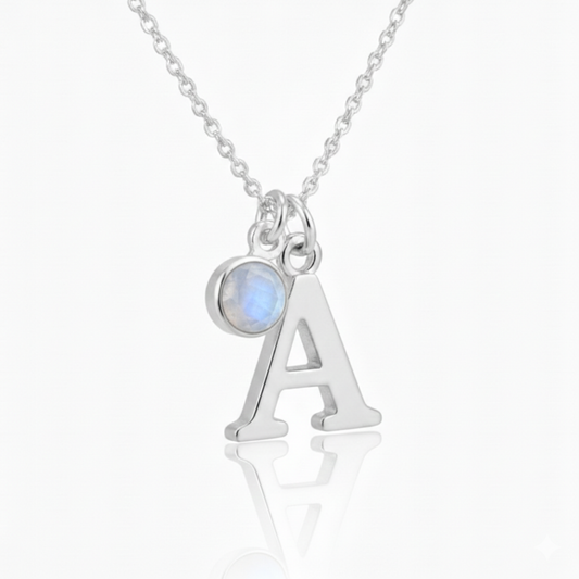 Personalised moonstone and initial necklace in sterling silver, June birthstone jewellery gift for her