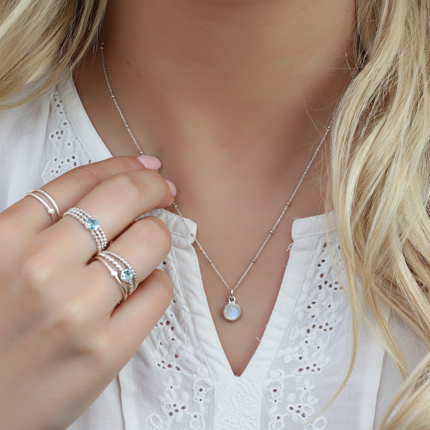 Moonstone gemstone necklace representing June birthstone jewellery