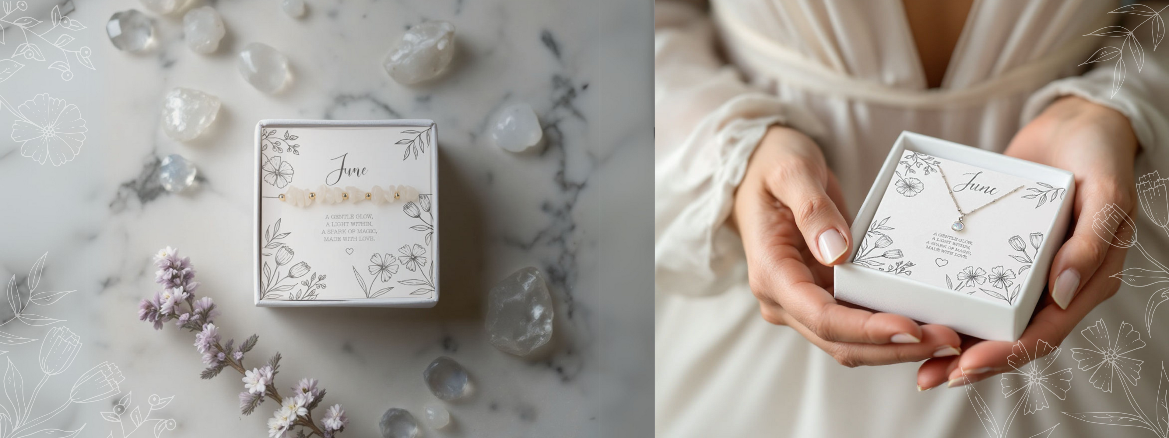 June birthstone jewellery gift sets featuring a moonstone beaded bracelet and a personalised initial necklace, beautifully presented in floral gift boxes with delicate illustrations — the perfect meaningful birthday gift for her.