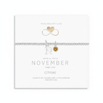 November birthstone bracelet with citrine gemstone displayed on gift card, meaningful birthday jewellery ready to gift.