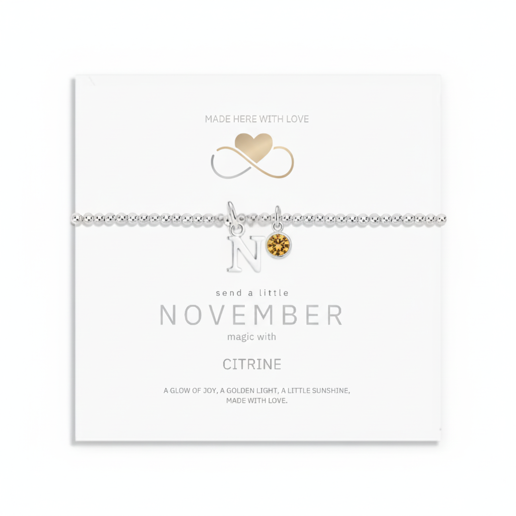 November birthstone bracelet with citrine gemstone displayed on gift card, meaningful birthday jewellery ready to gift.