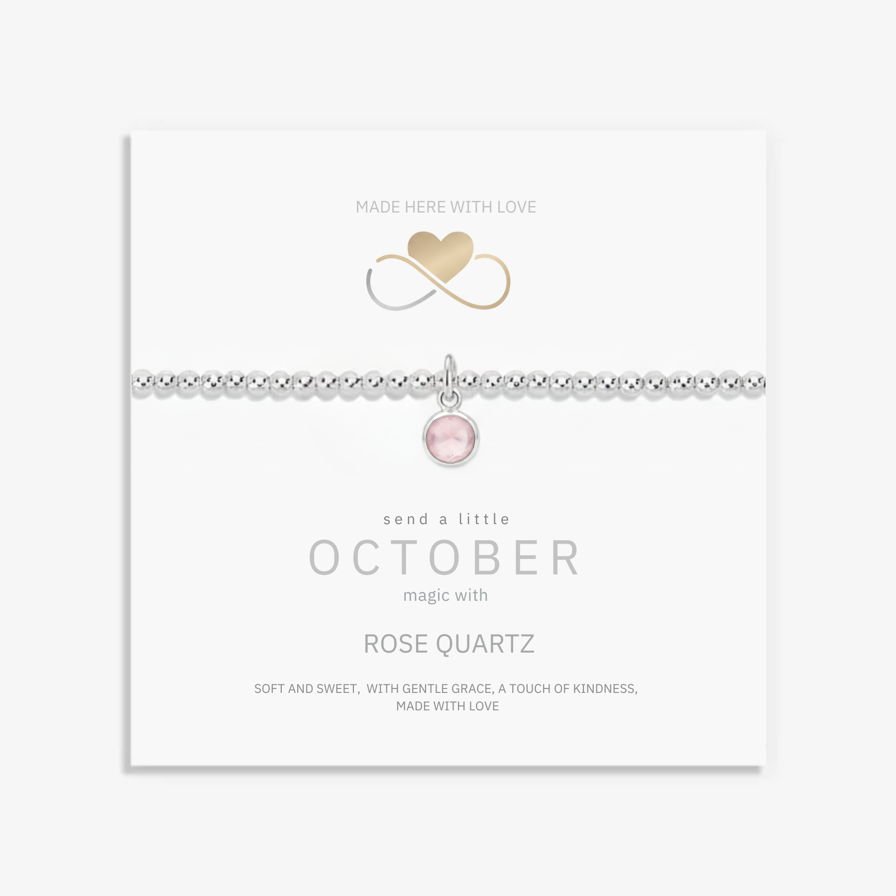 October birthstone bracelet with rose quartz charm, sterling silver UK
