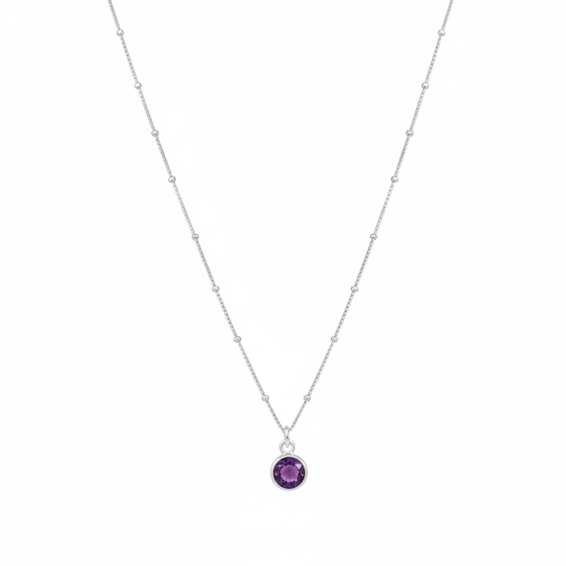 Silver February birthstone necklace featuring amethyst gemstone