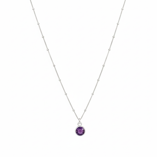 Silver February birthstone necklace featuring amethyst gemstone