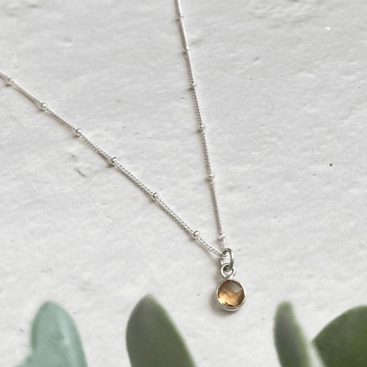 A delicate sterling silver chain necklace with small, evenly spaced beads features a small amber pendant. The Citrine Necklace by Made Here with Love is set against a light gray background with green succulent leaves in the bottom foreground.
