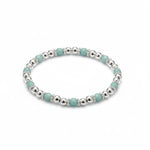 Amazonite bead stacking bracelet with soft blue gemstones and polished sterling silver beads on a stretch design.