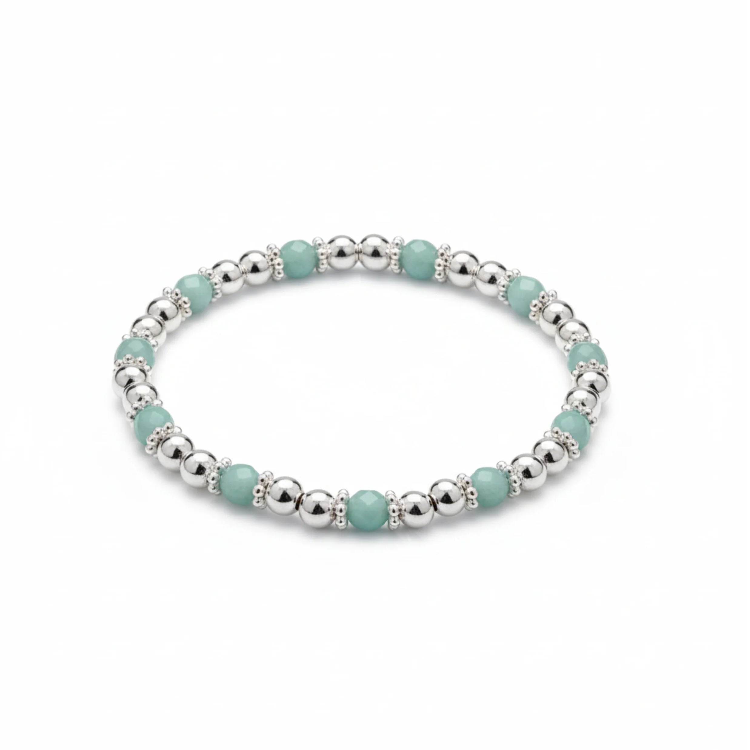 Amazonite bead stacking bracelet with soft blue gemstones and polished sterling silver beads on a stretch design.