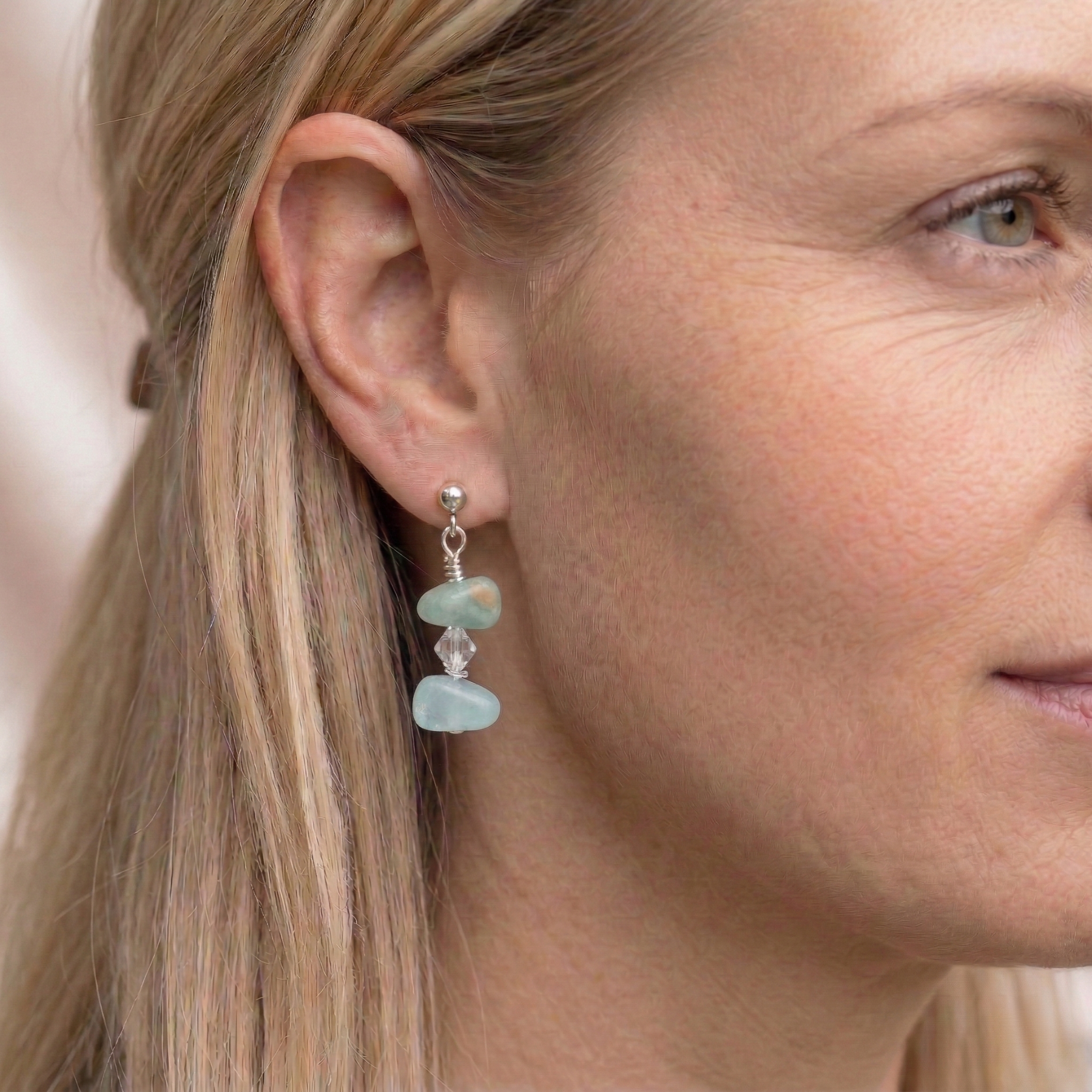 Amazonite bead drop earrings in sterling silver, green gemstone jewellery UK