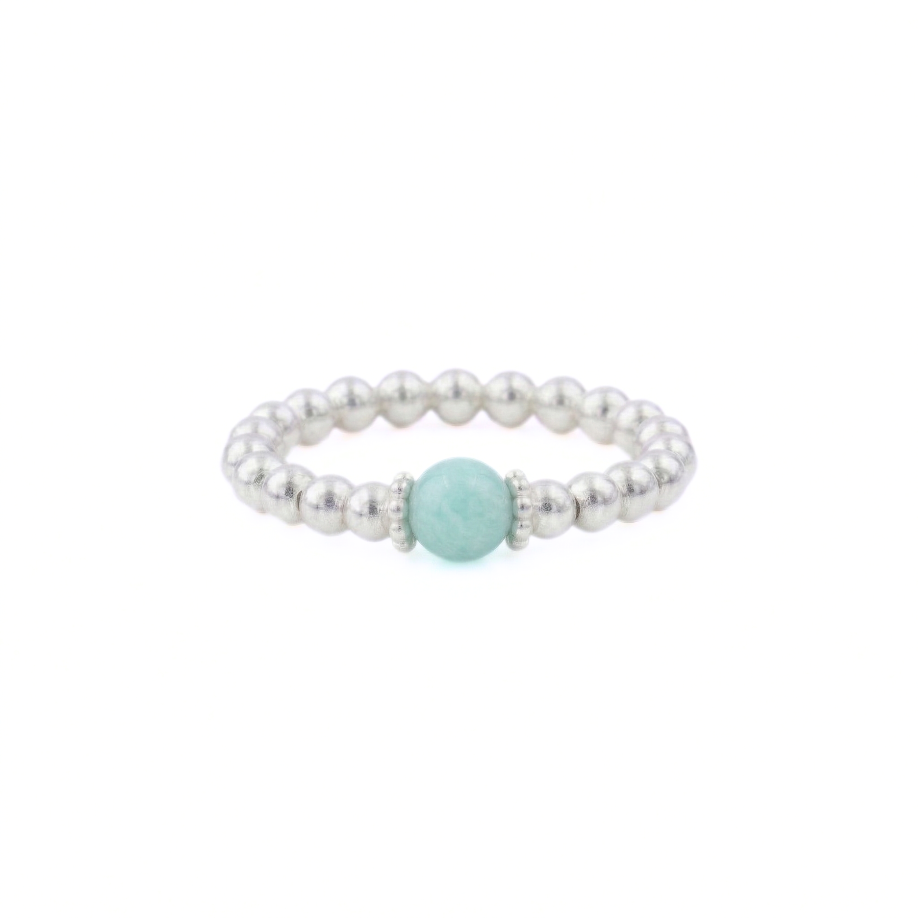 Amazonite gemstone stretch ring with silver beads, handmade stacking ring UK