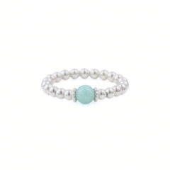Amazonite gemstone stretch ring with silver beads, handmade stacking ring UK
