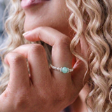 Amazonite bead ring in sterling silver, stretchy gemstone ring for everyday wear UK