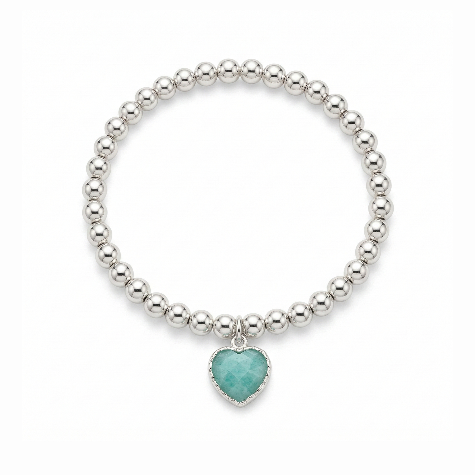 Amazonite heart charm beaded bracelet, stretch design gemstone jewellery UK
